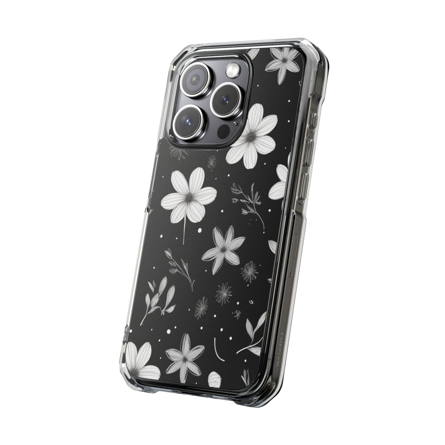 Chic Black and White Floral Print Magnetic Clear Impact Case for iPhone 16 15 14