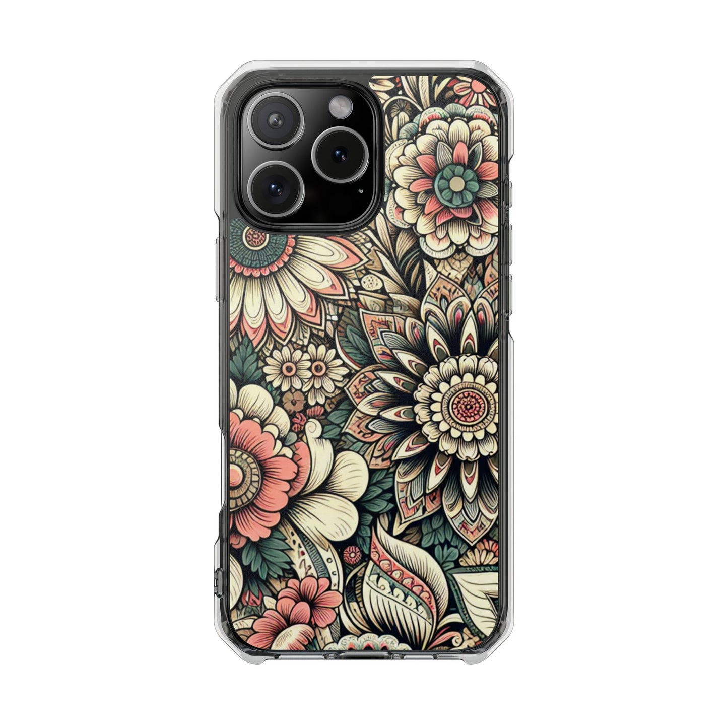 Boho Floral Magnetic Clear Impact Case for iPhone 16 15 14