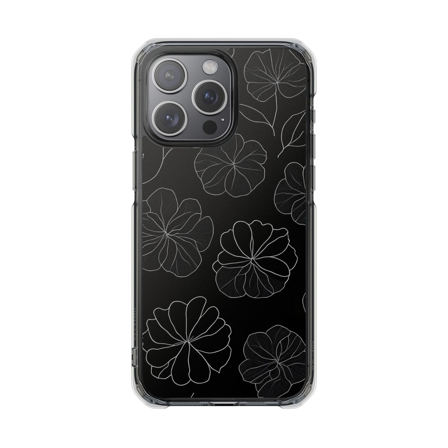 Black Floral Magnetic Clear Impact Case for iPhone 16 15 14