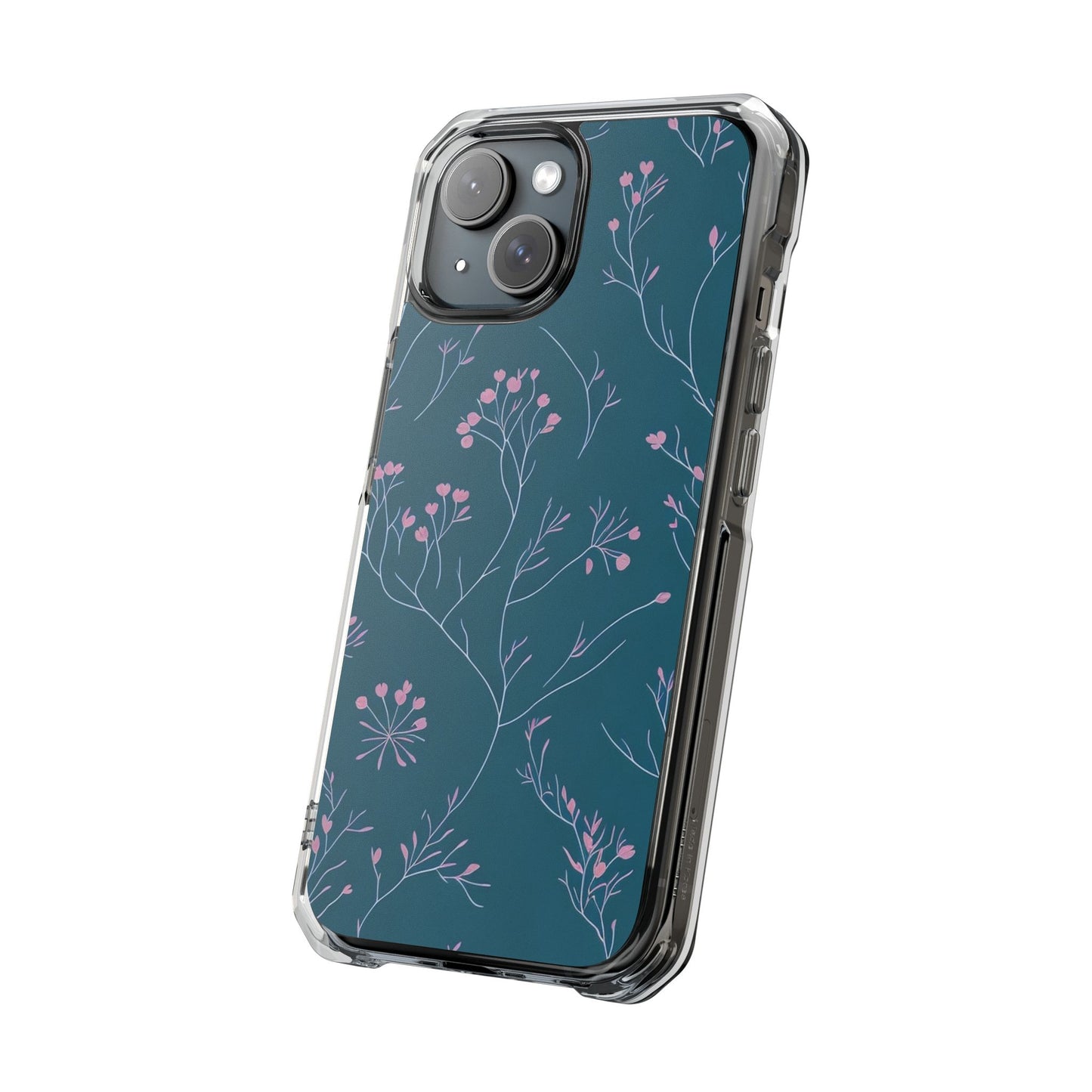 Teal Floral Magnetic Clear Impact Case for iPhone 16 15 14