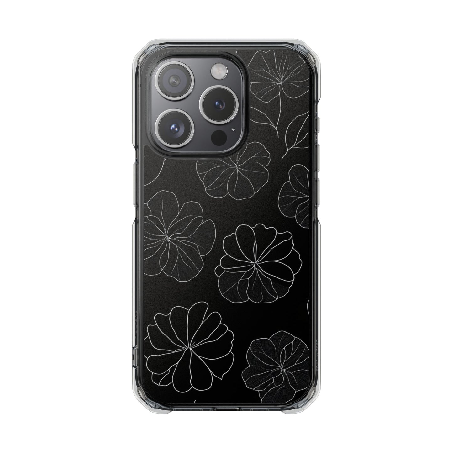 Black Floral Magnetic Clear Impact Case for iPhone 16 15 14