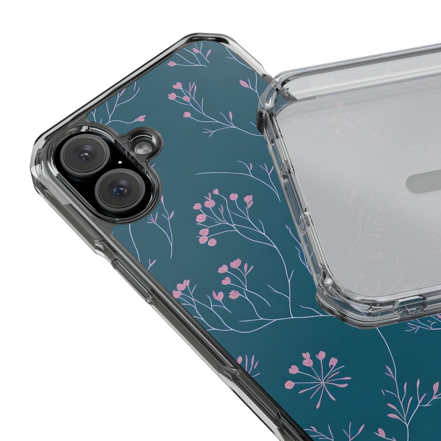 Teal Floral Magnetic Clear Impact Case for iPhone 16 15 14