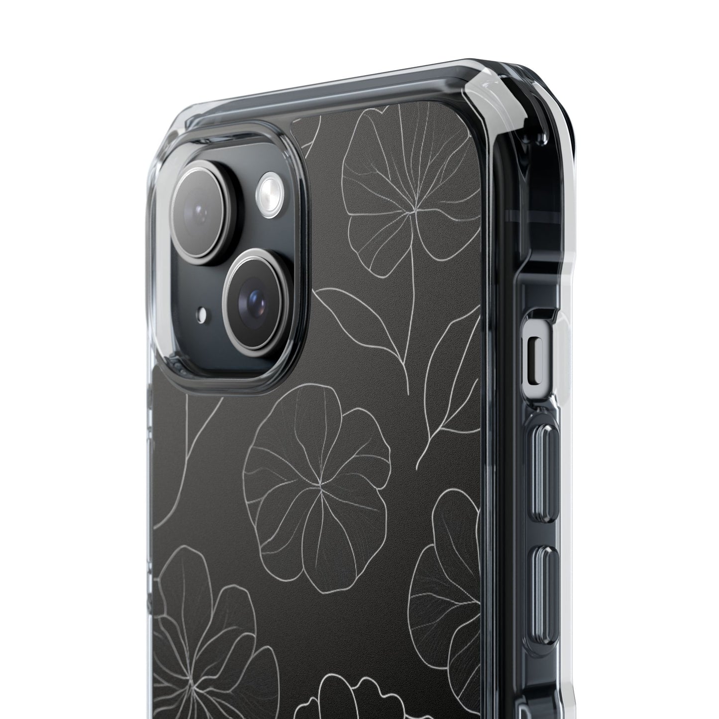Black Floral Magnetic Clear Impact Case for iPhone 16 15 14