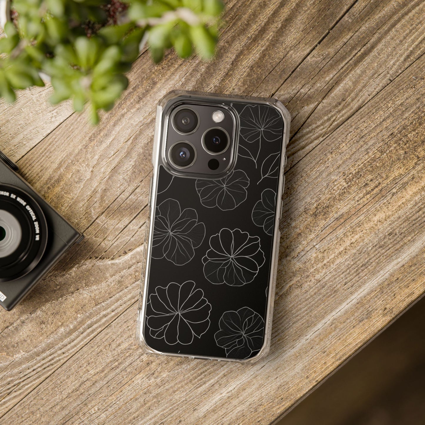 Black Floral Magnetic Clear Impact Case for iPhone 16 15 14