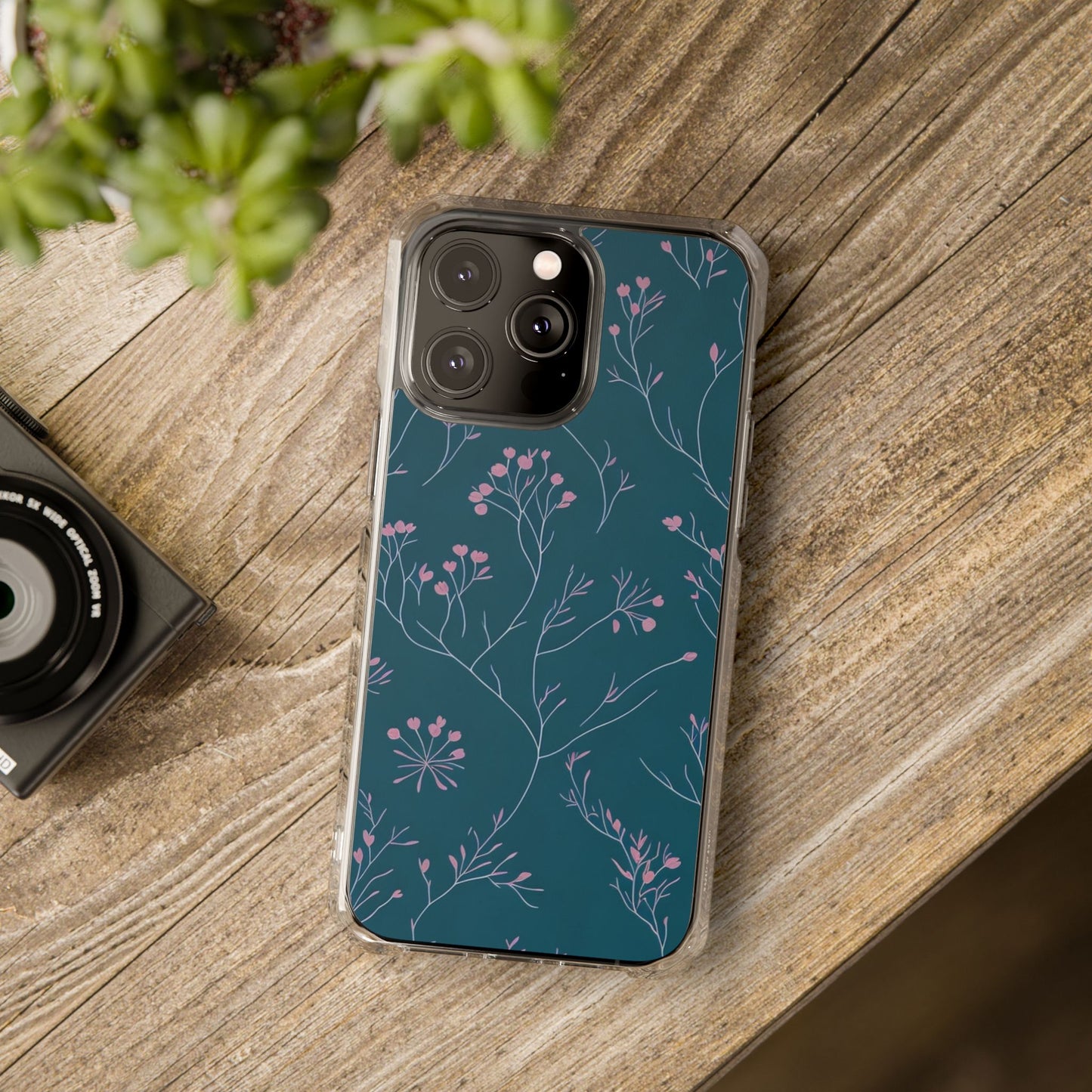 Teal Floral Magnetic Clear Impact Case for iPhone 16 15 14