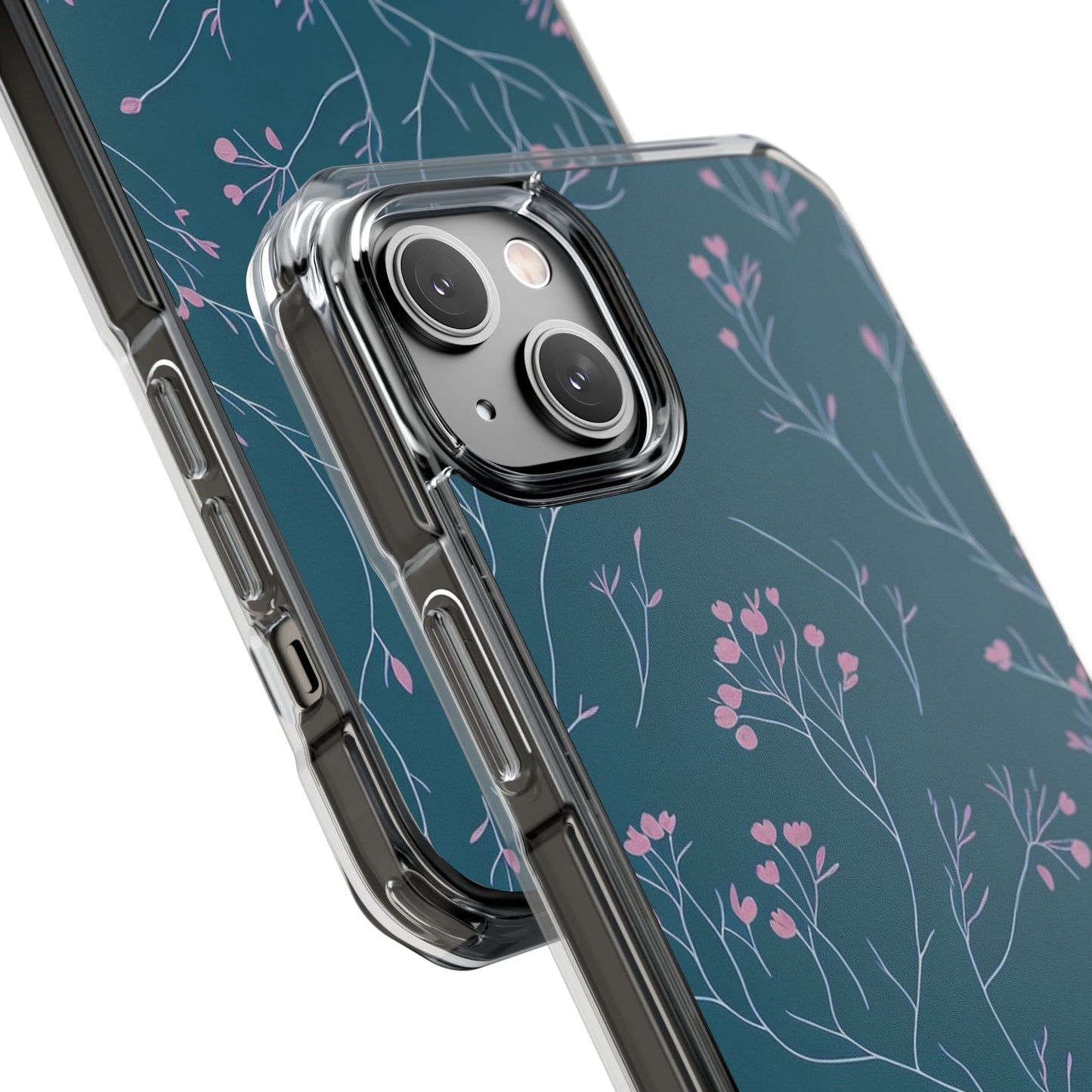 Teal Floral Magnetic Clear Impact Case for iPhone 16 15 14