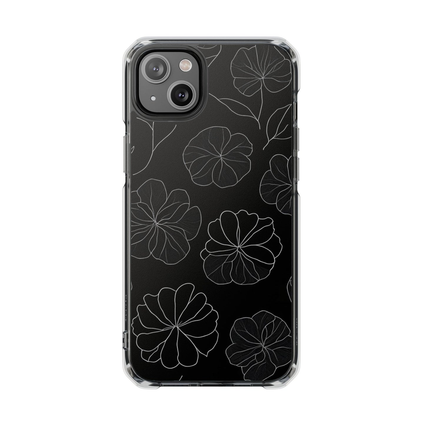 Black Floral Magnetic Clear Impact Case for iPhone 16 15 14