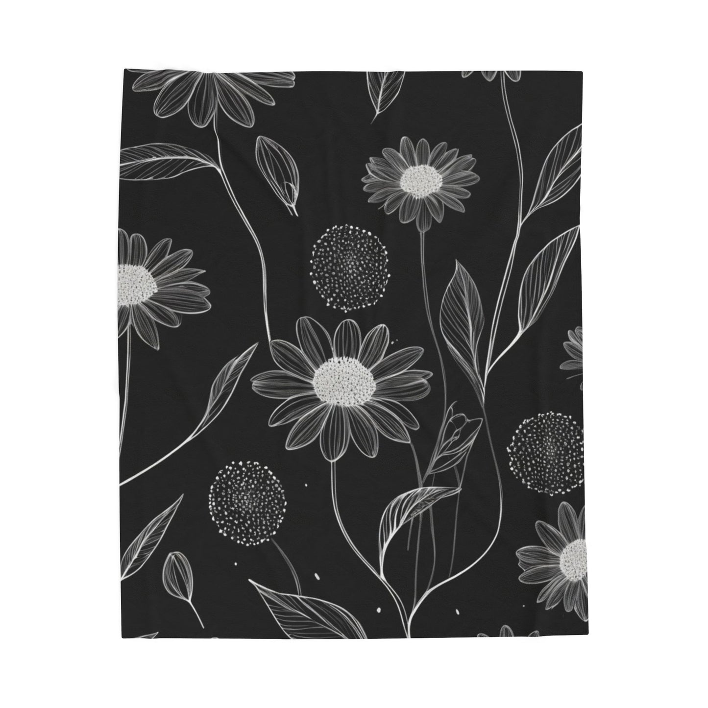 Black and White Floral Velveteen Plush Blanket