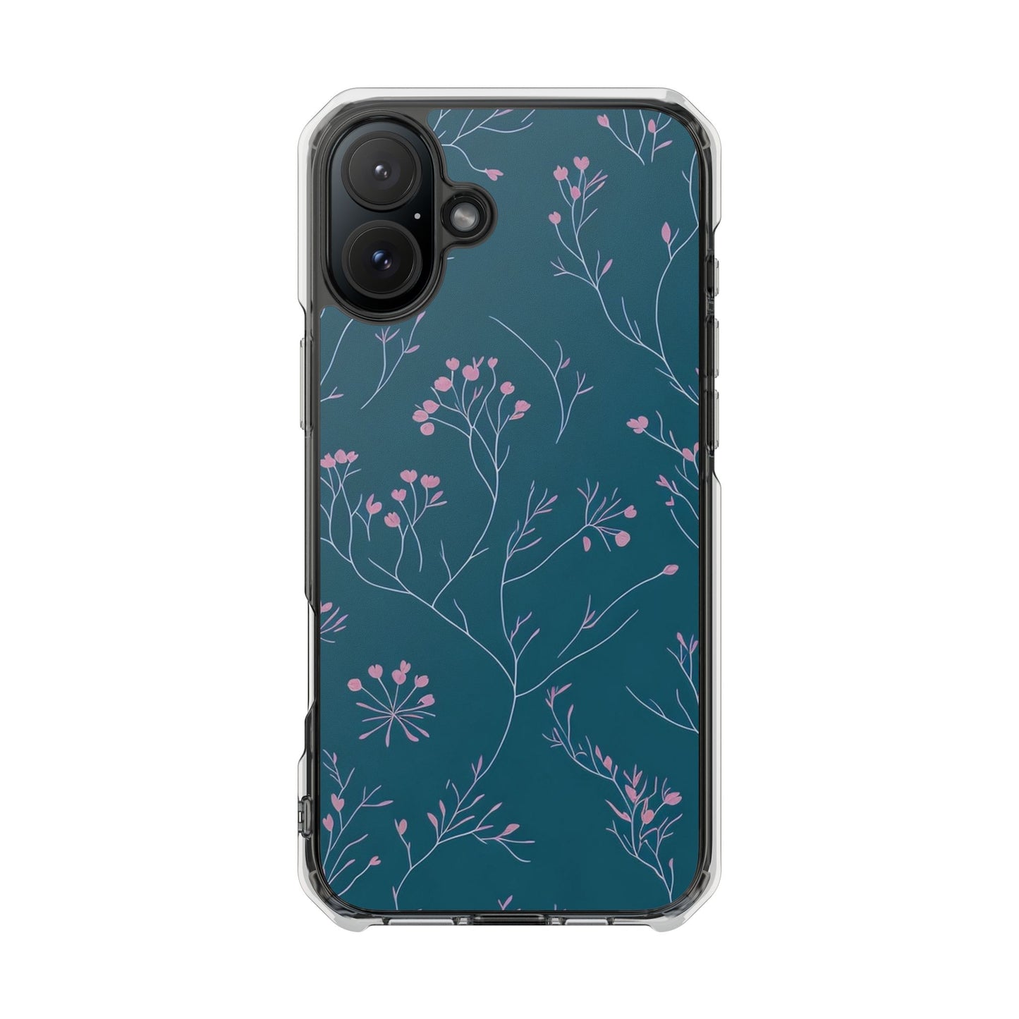 Teal Floral Magnetic Clear Impact Case for iPhone 16 15 14