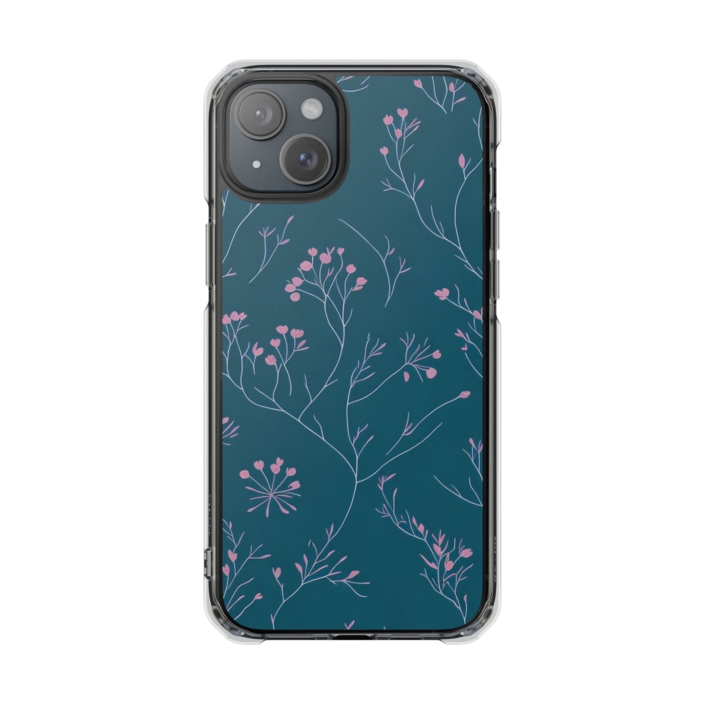Teal Floral Magnetic Clear Impact Case for iPhone 16 15 14