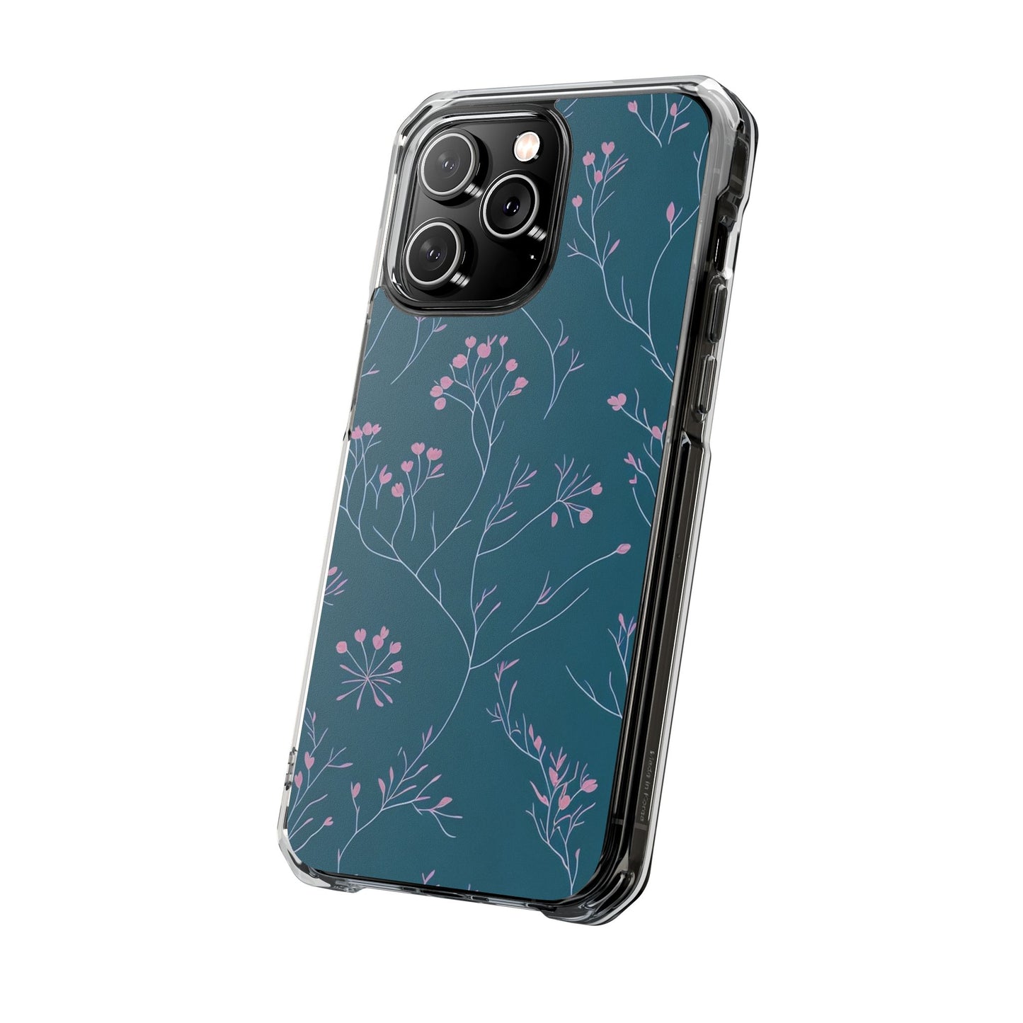 Teal Floral Magnetic Clear Impact Case for iPhone 16 15 14