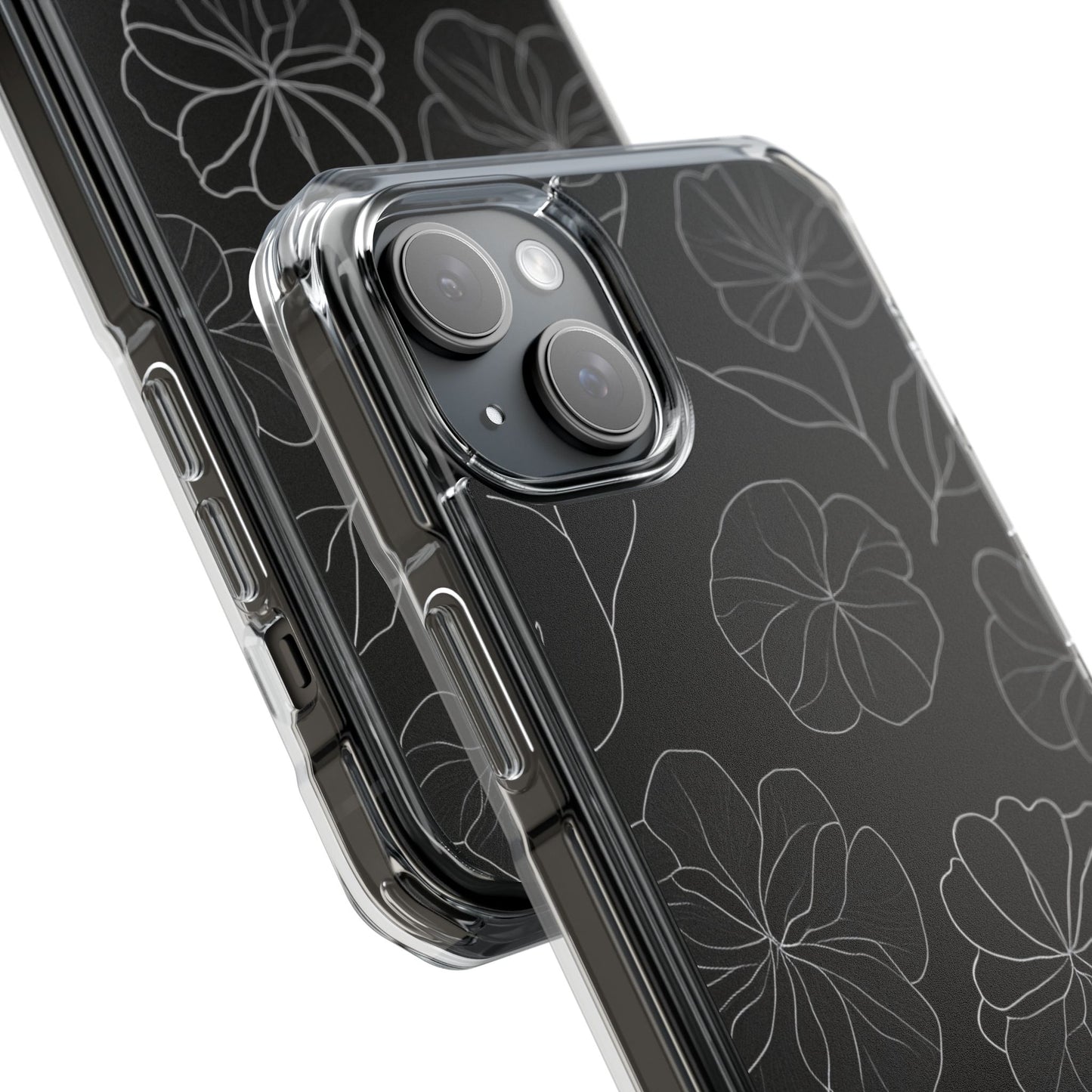 Black Floral Magnetic Clear Impact Case for iPhone 16 15 14