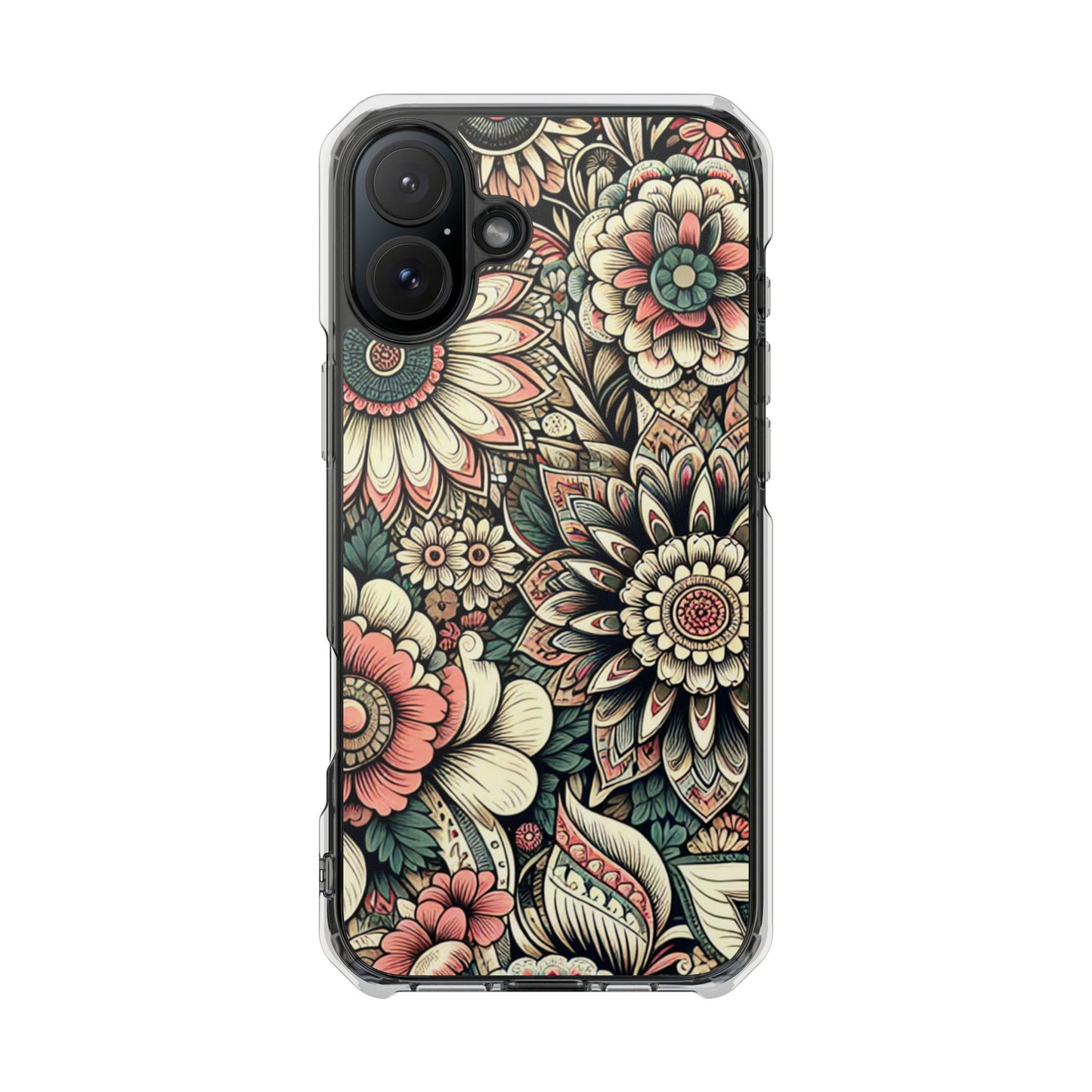 Boho Floral Magnetic Clear Impact Case for iPhone 16 15 14