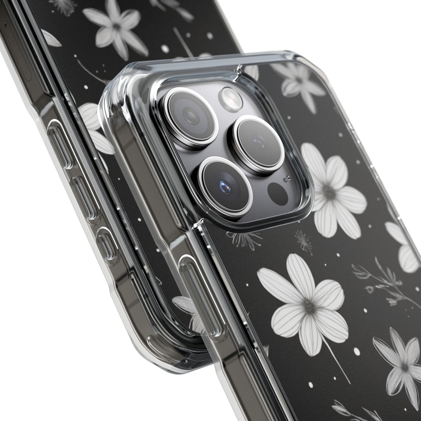 Chic Black and White Floral Print Magnetic Clear Impact Case for iPhone 16 15 14