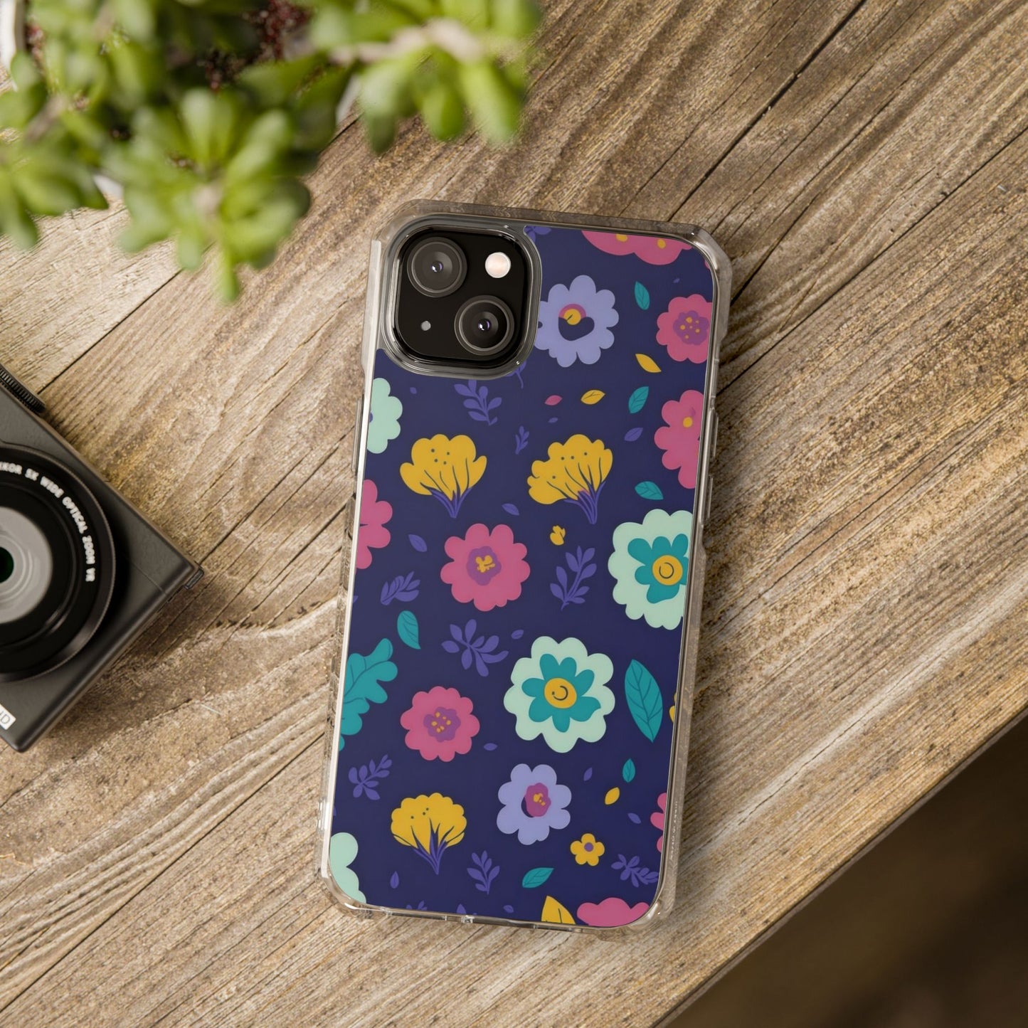 Purple Floral Magnetic Clear Impact Case for iPhone 16 15 14