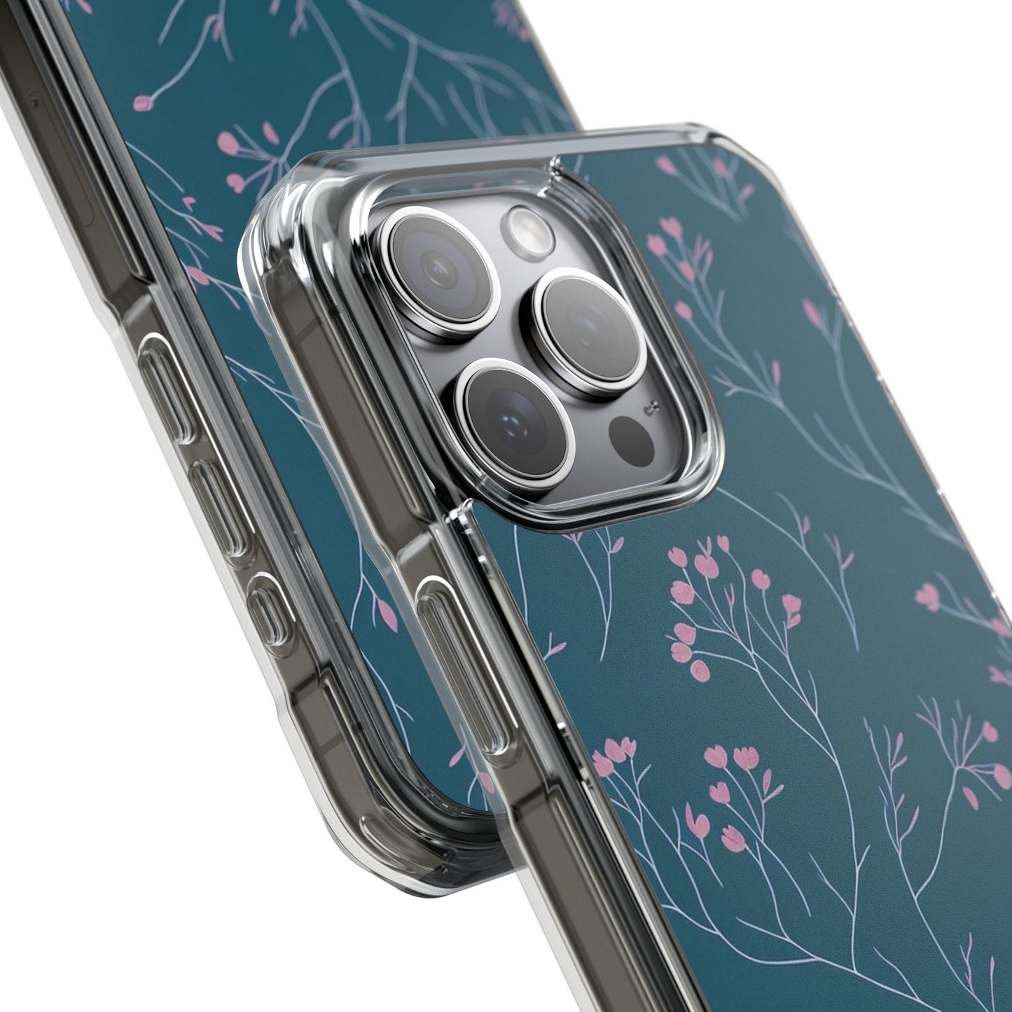 Teal Floral Magnetic Clear Impact Case for iPhone 16 15 14