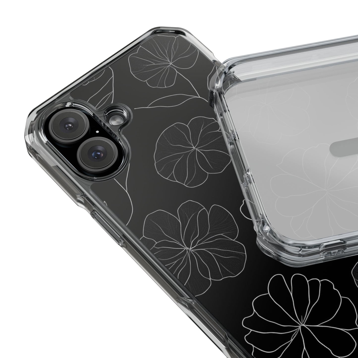 Black Floral Magnetic Clear Impact Case for iPhone 16 15 14