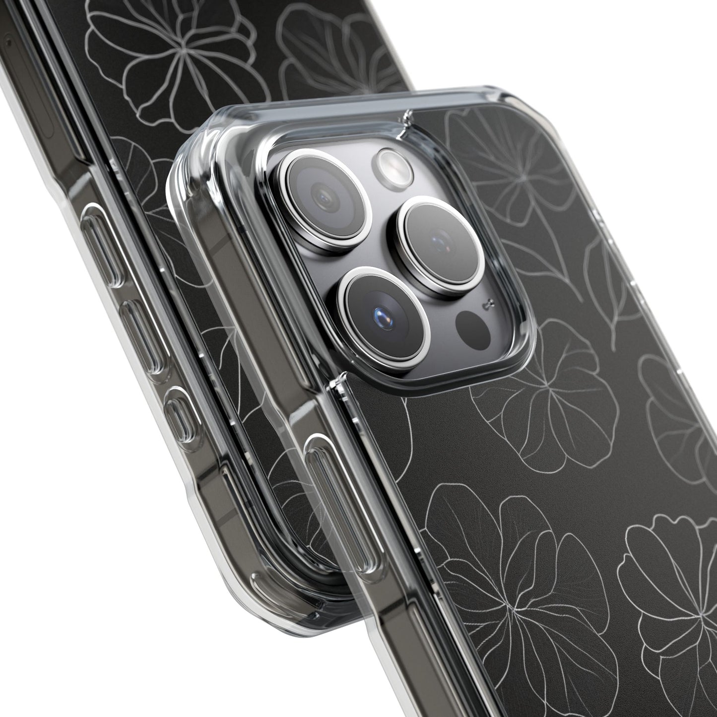 Black Floral Magnetic Clear Impact Case for iPhone 16 15 14