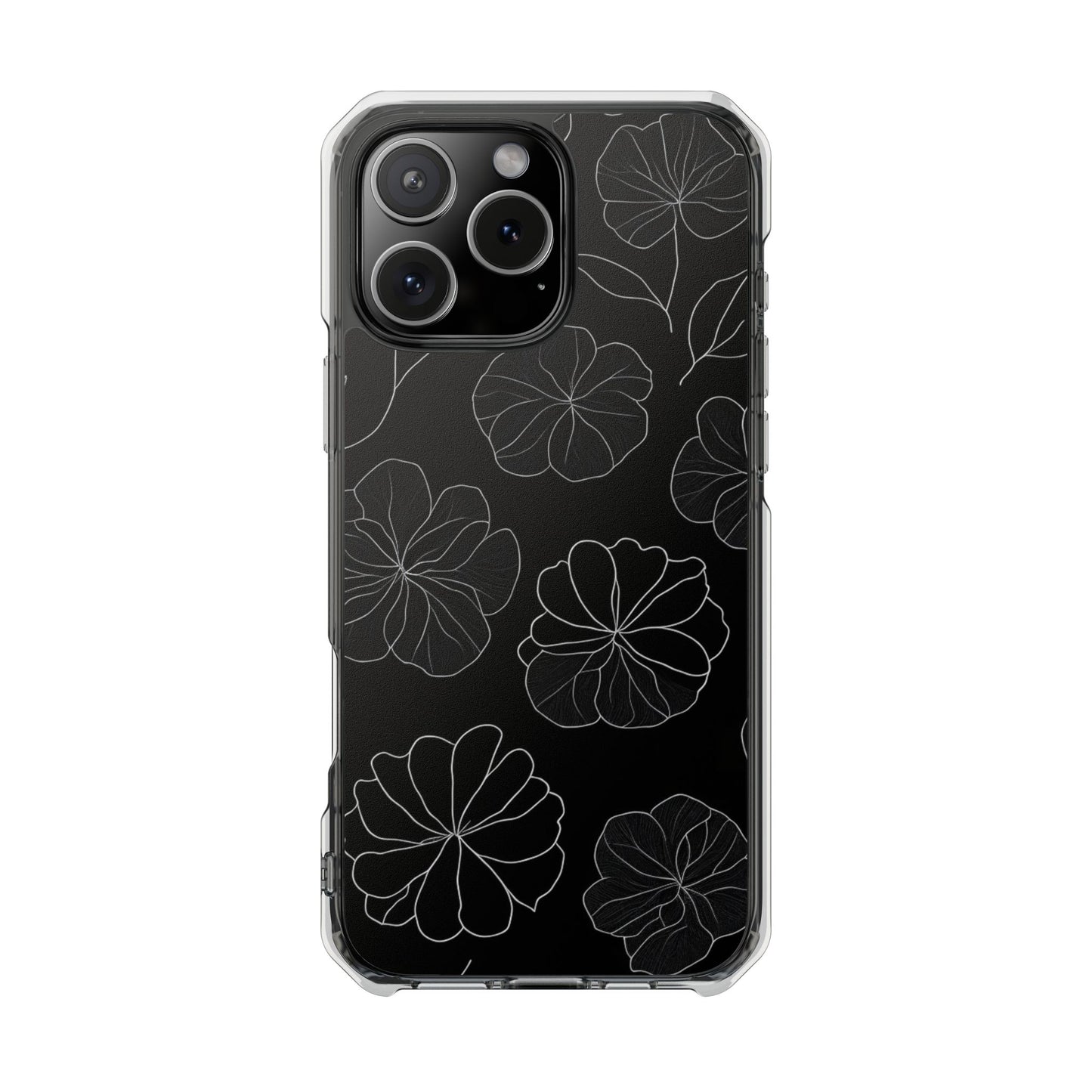 Black Floral Magnetic Clear Impact Case for iPhone 16 15 14