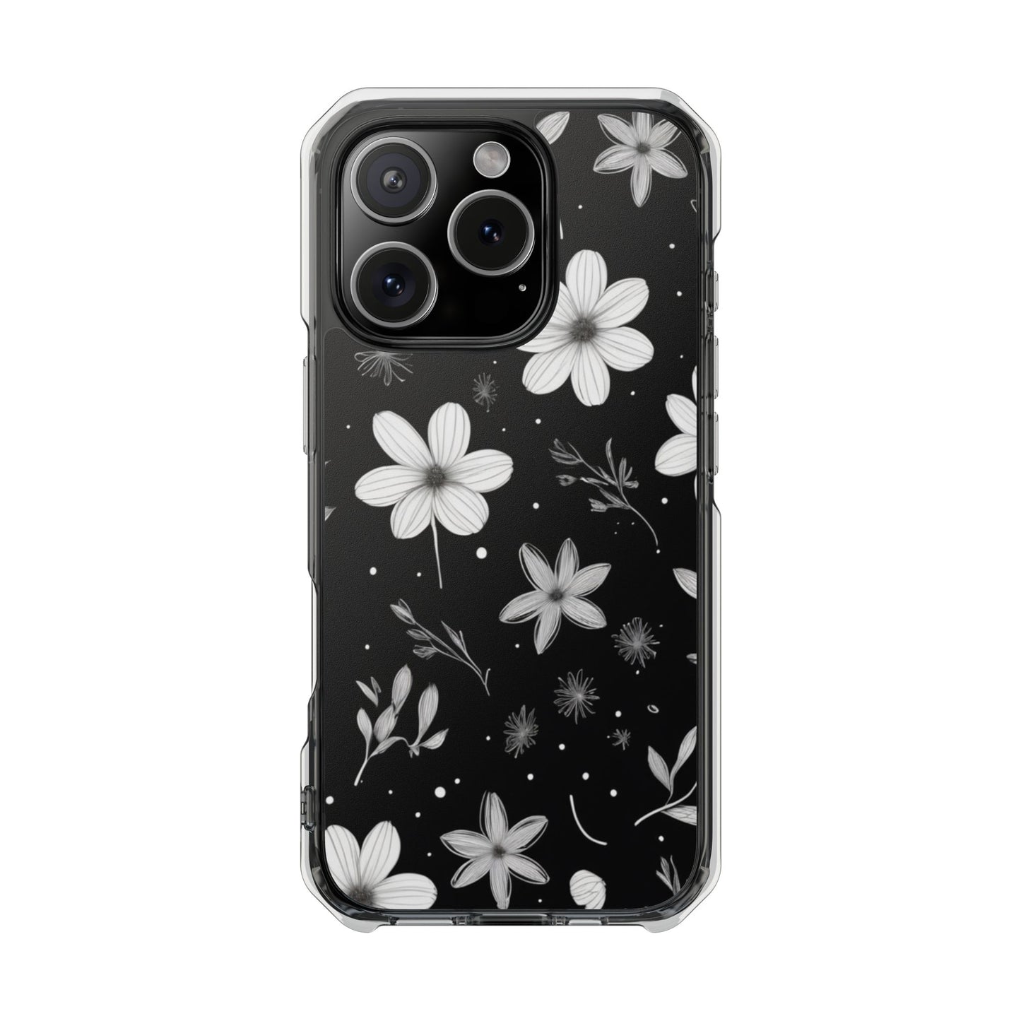 Chic Black and White Floral Print Magnetic Clear Impact Case for iPhone 16 15 14