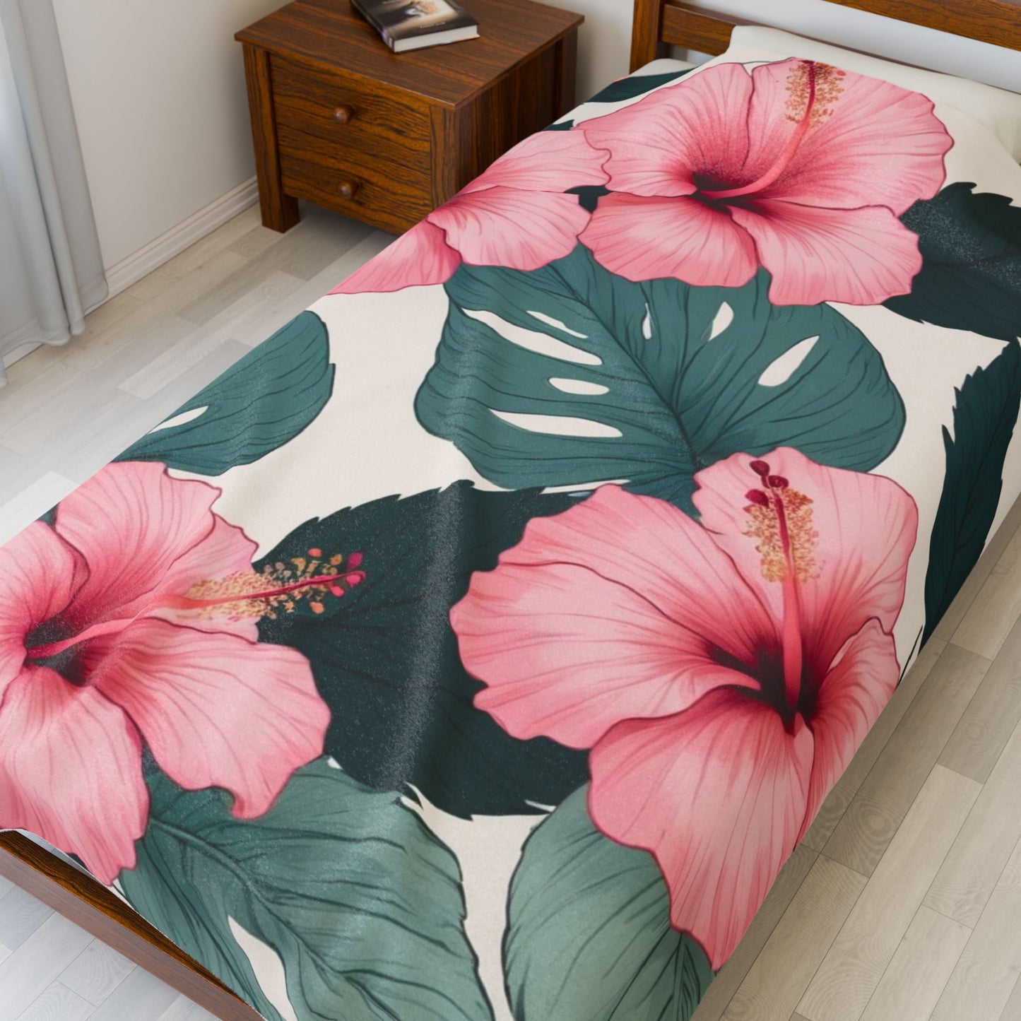 Tropical Hibiscus Velveteen Plush Blanket