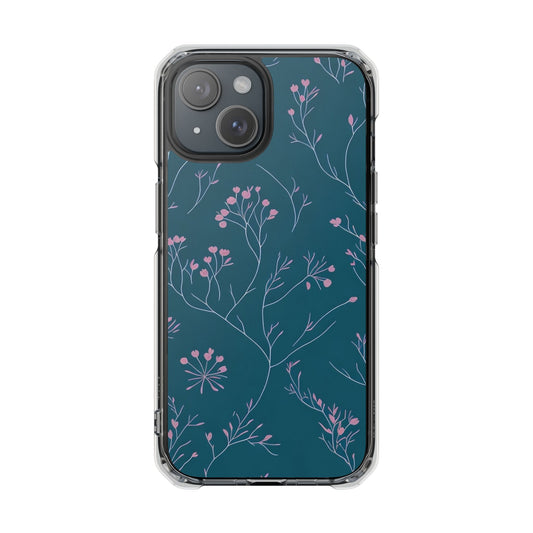 Teal Floral Magnetic Clear Impact Case for iPhone 16 15 14