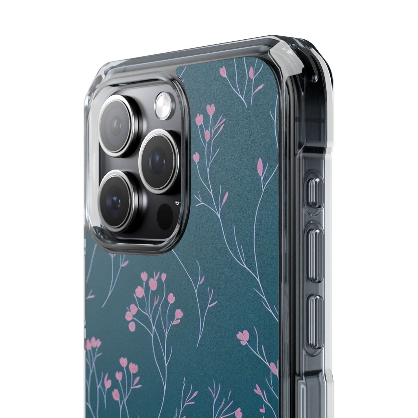 Teal Floral Magnetic Clear Impact Case for iPhone 16 15 14