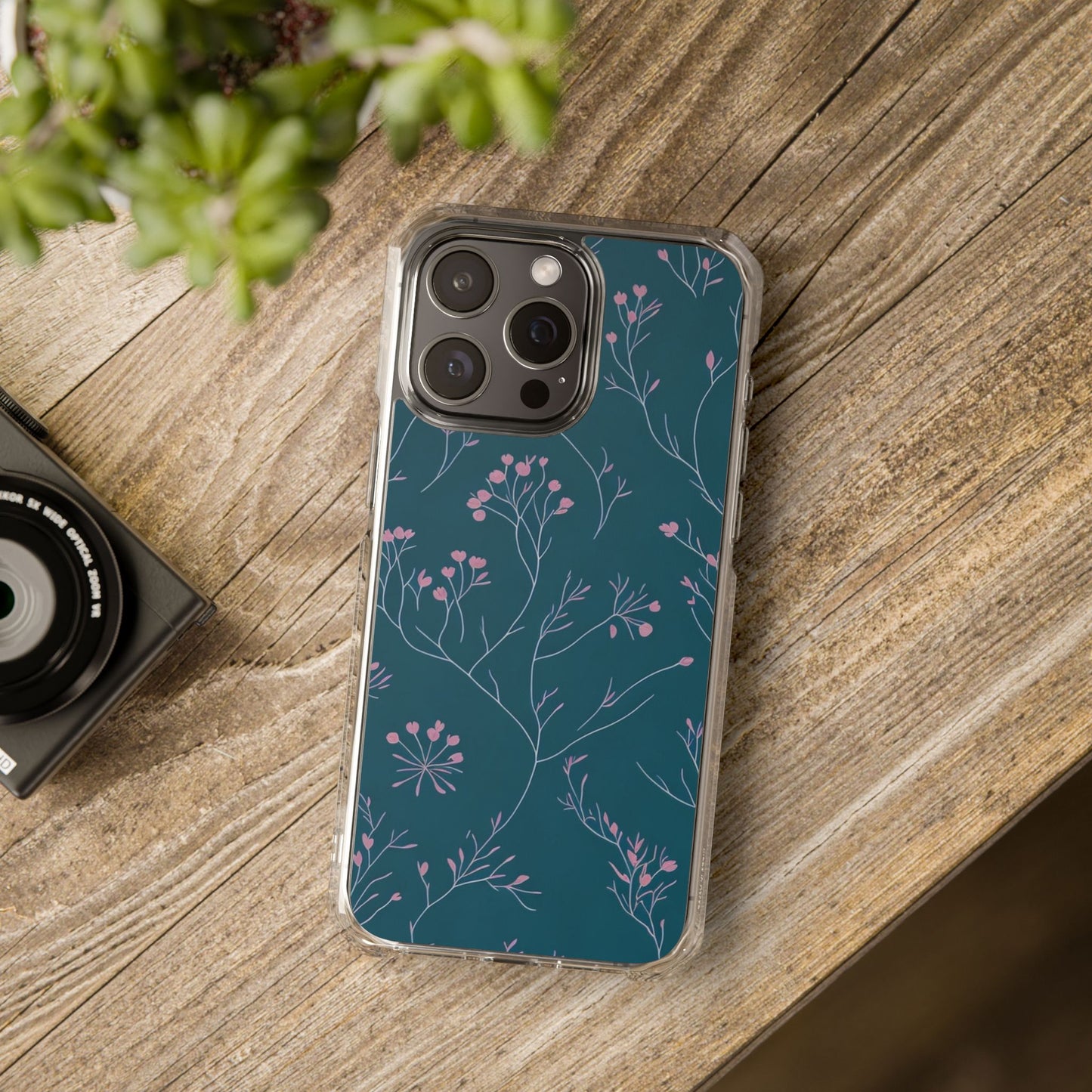Teal Floral Magnetic Clear Impact Case for iPhone 16 15 14