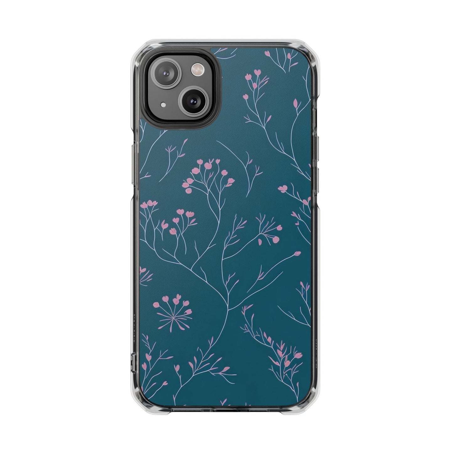 Teal Floral Magnetic Clear Impact Case for iPhone 16 15 14