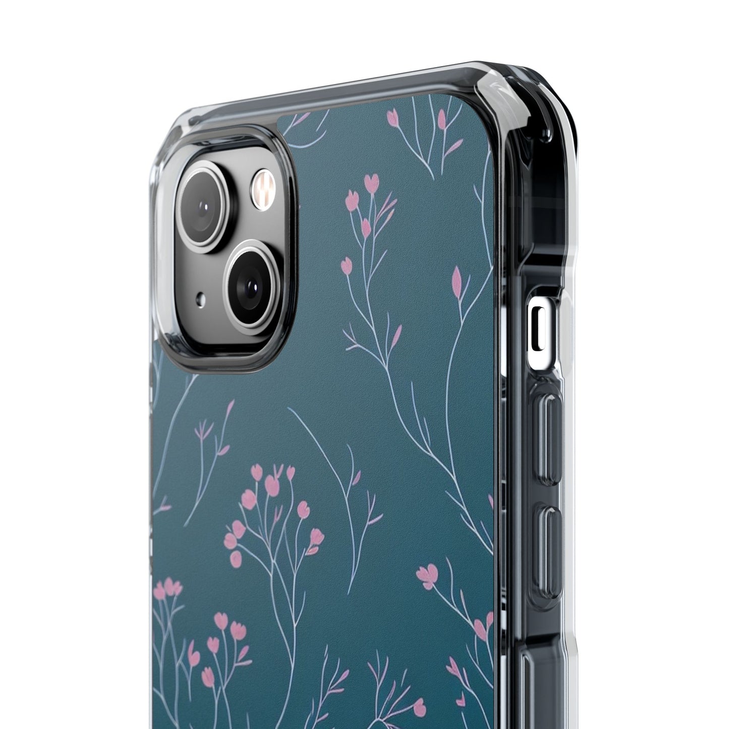 Teal Floral Magnetic Clear Impact Case for iPhone 16 15 14