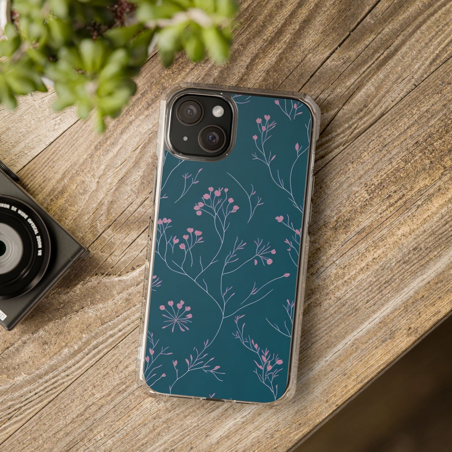 Teal Floral Magnetic Clear Impact Case for iPhone 16 15 14