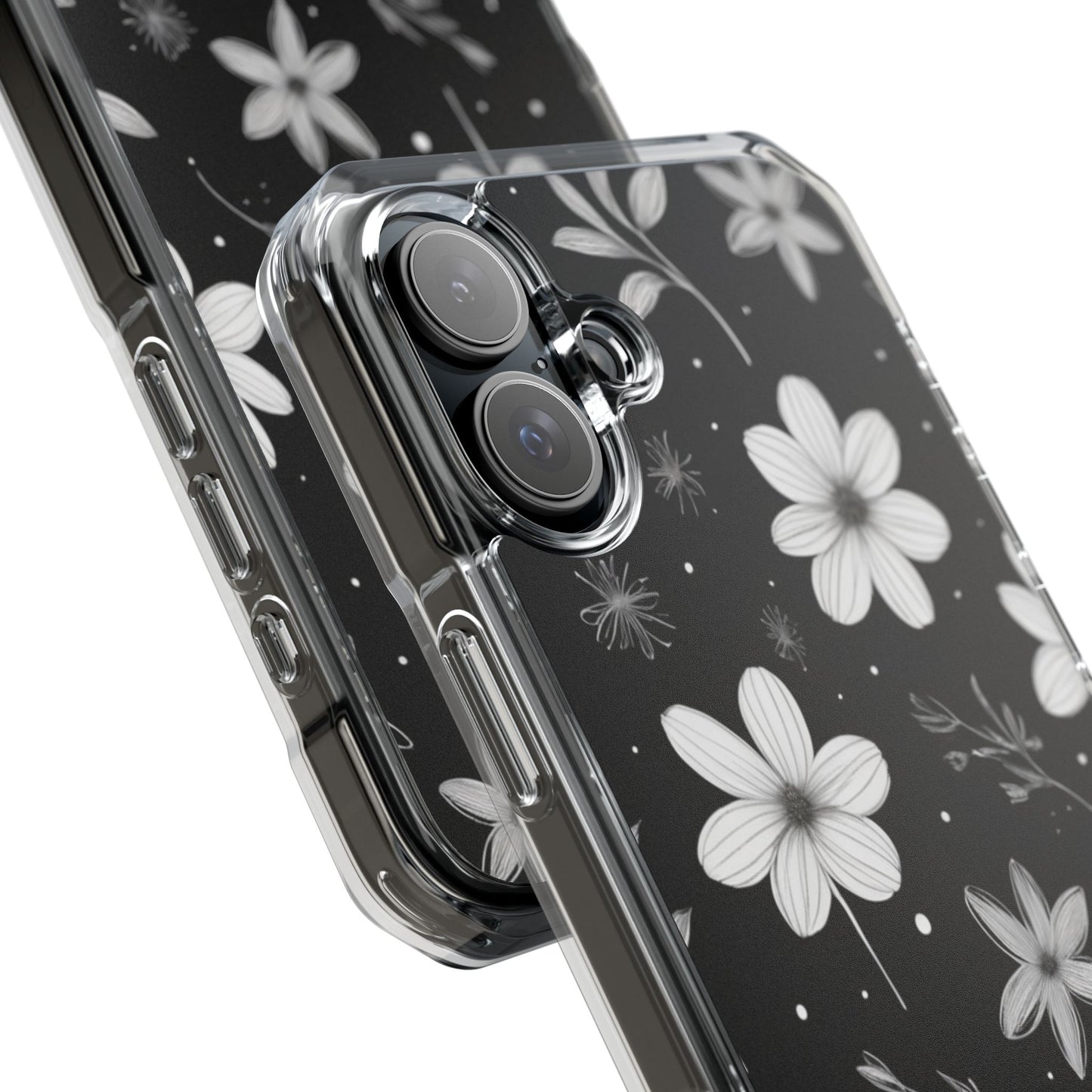 Chic Black and White Floral Print Magnetic Clear Impact Case for iPhone 16 15 14