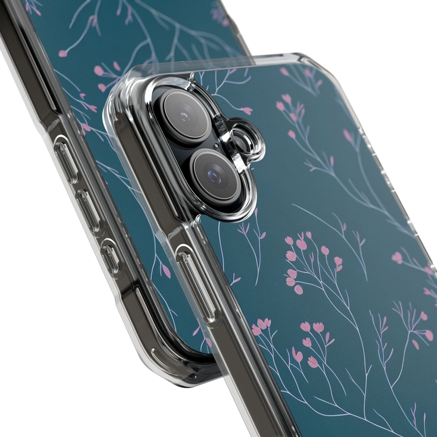 Teal Floral Magnetic Clear Impact Case for iPhone 16 15 14