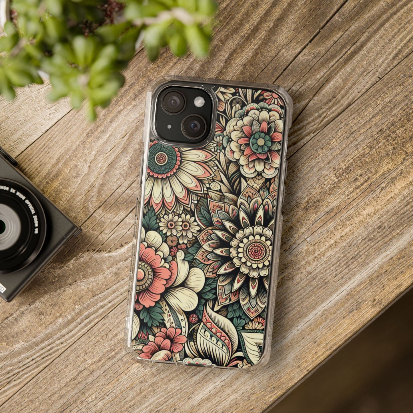 Boho Floral Magnetic Clear Impact Case for iPhone 16 15 14