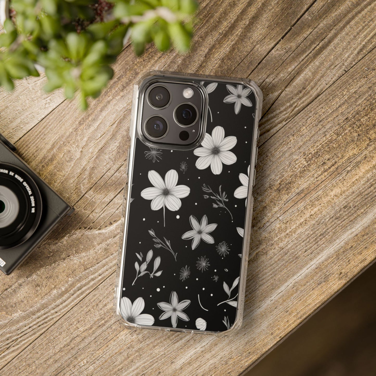 Chic Black and White Floral Print Magnetic Clear Impact Case for iPhone 16 15 14