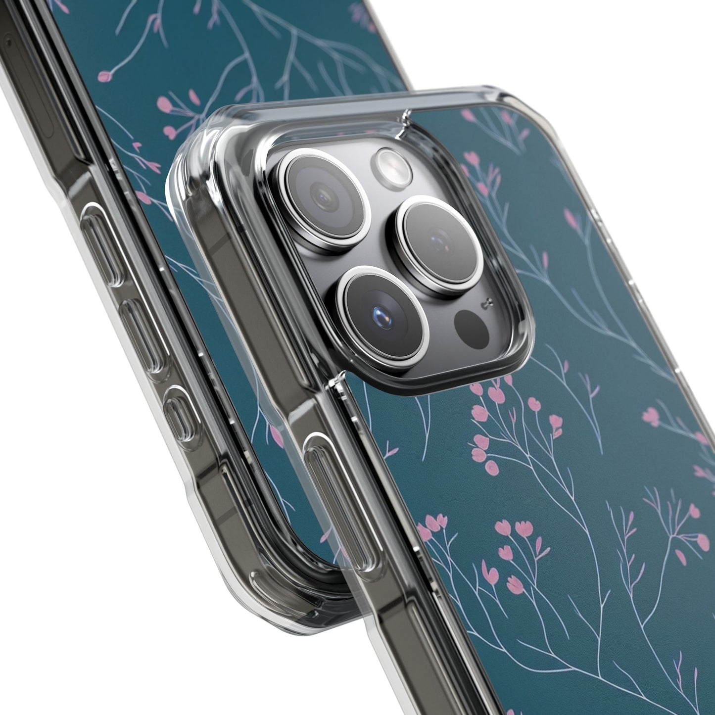 Teal Floral Magnetic Clear Impact Case for iPhone 16 15 14