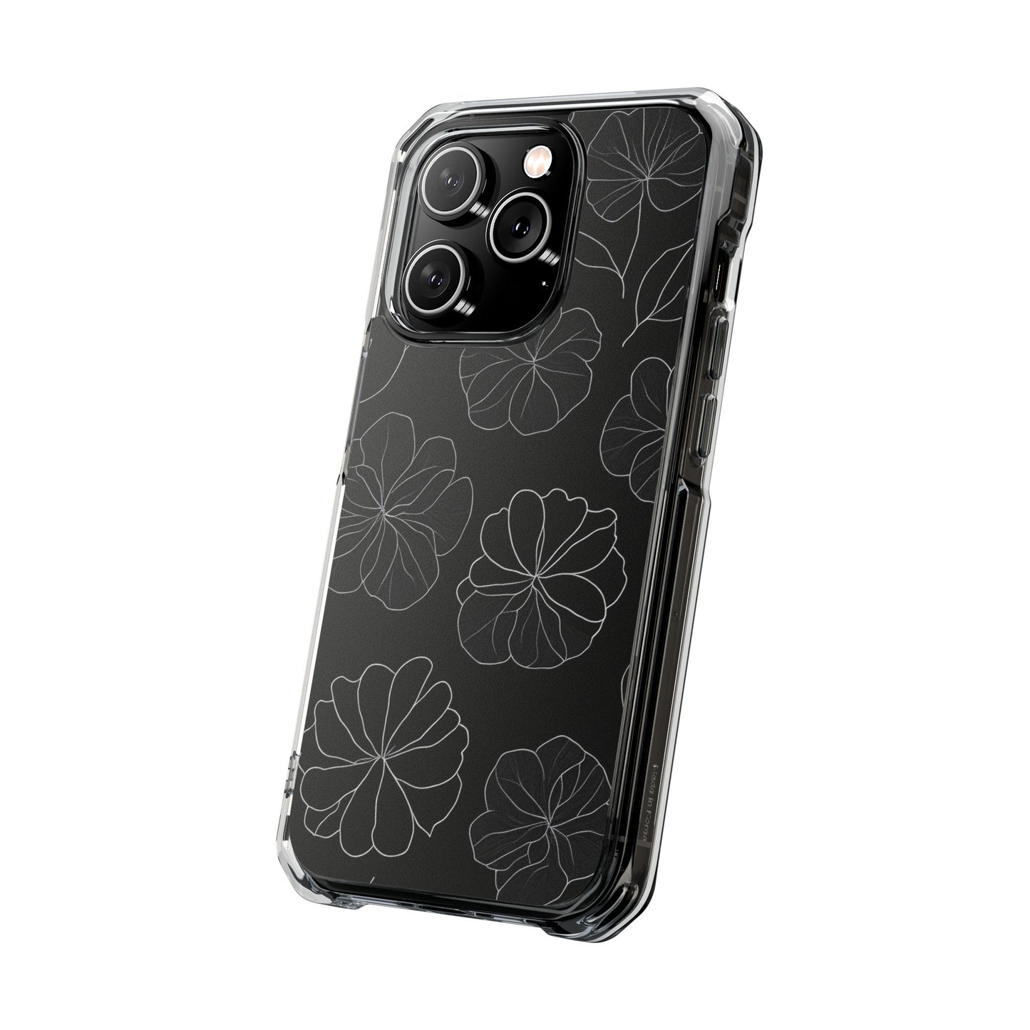 Black Floral Magnetic Clear Impact Case for iPhone 16 15 14