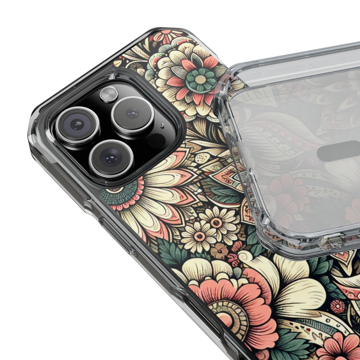 Boho Floral Magnetic Clear Impact Case for iPhone 16 15 14