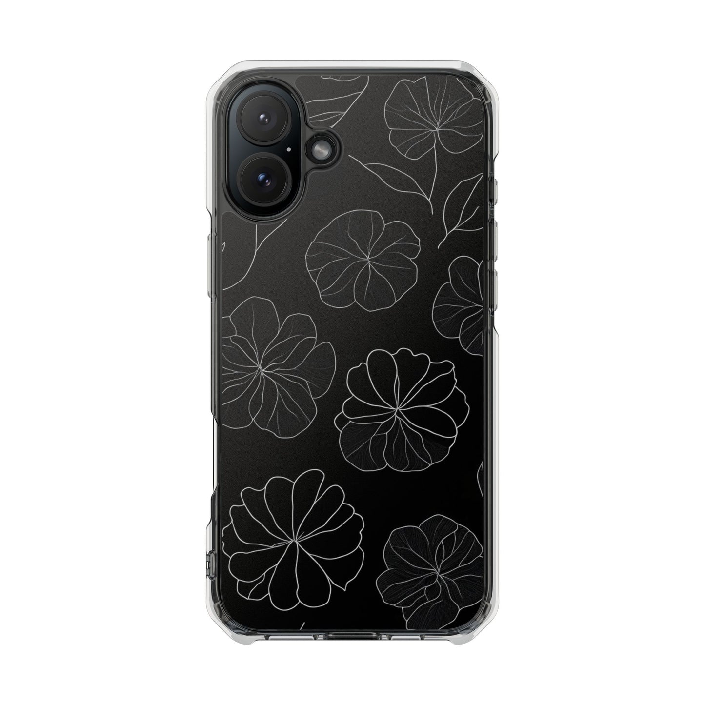 Black Floral Magnetic Clear Impact Case for iPhone 16 15 14