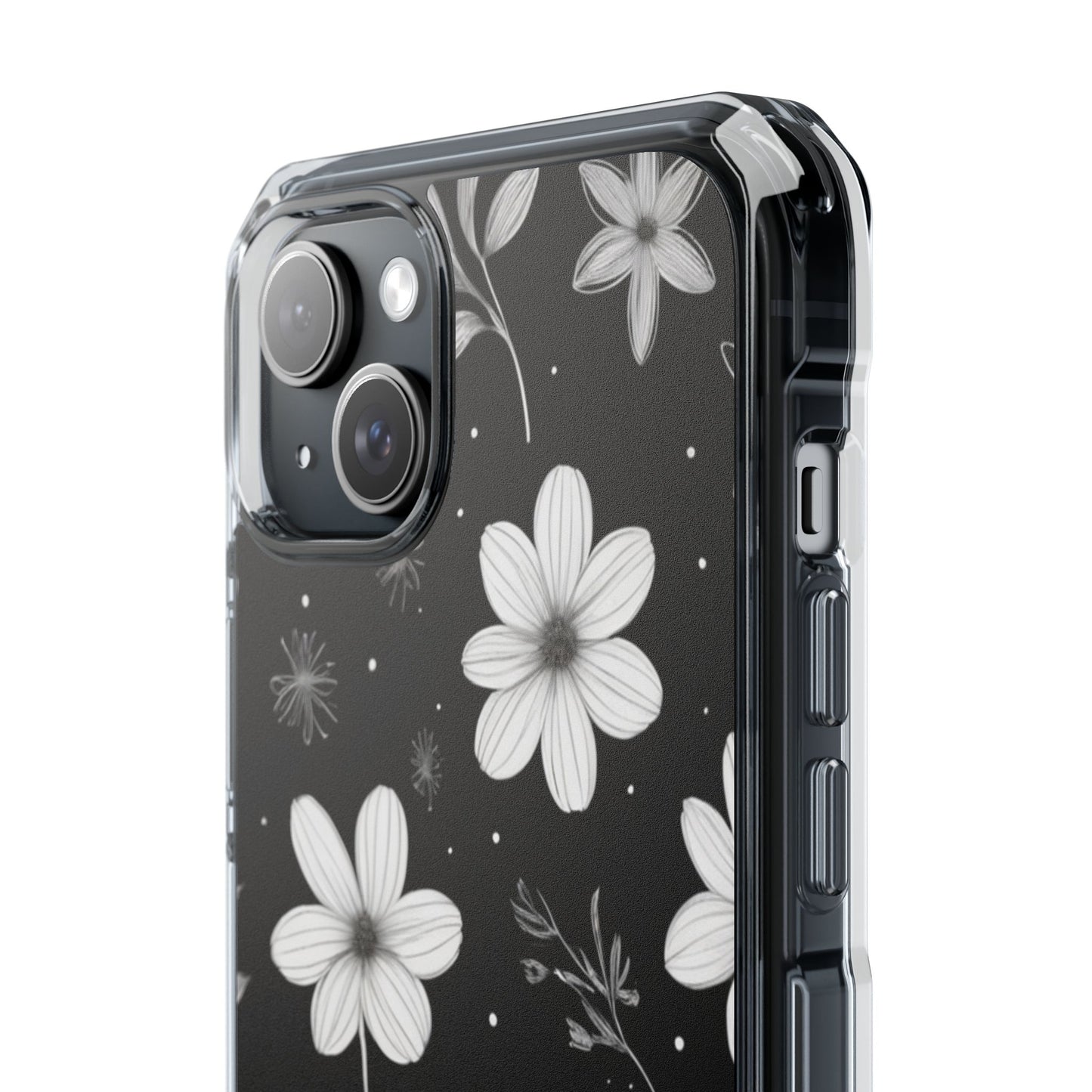 Chic Black and White Floral Print Magnetic Clear Impact Case for iPhone 16 15 14