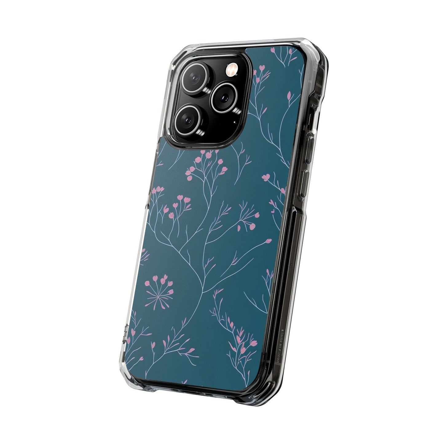 Teal Floral Magnetic Clear Impact Case for iPhone 16 15 14
