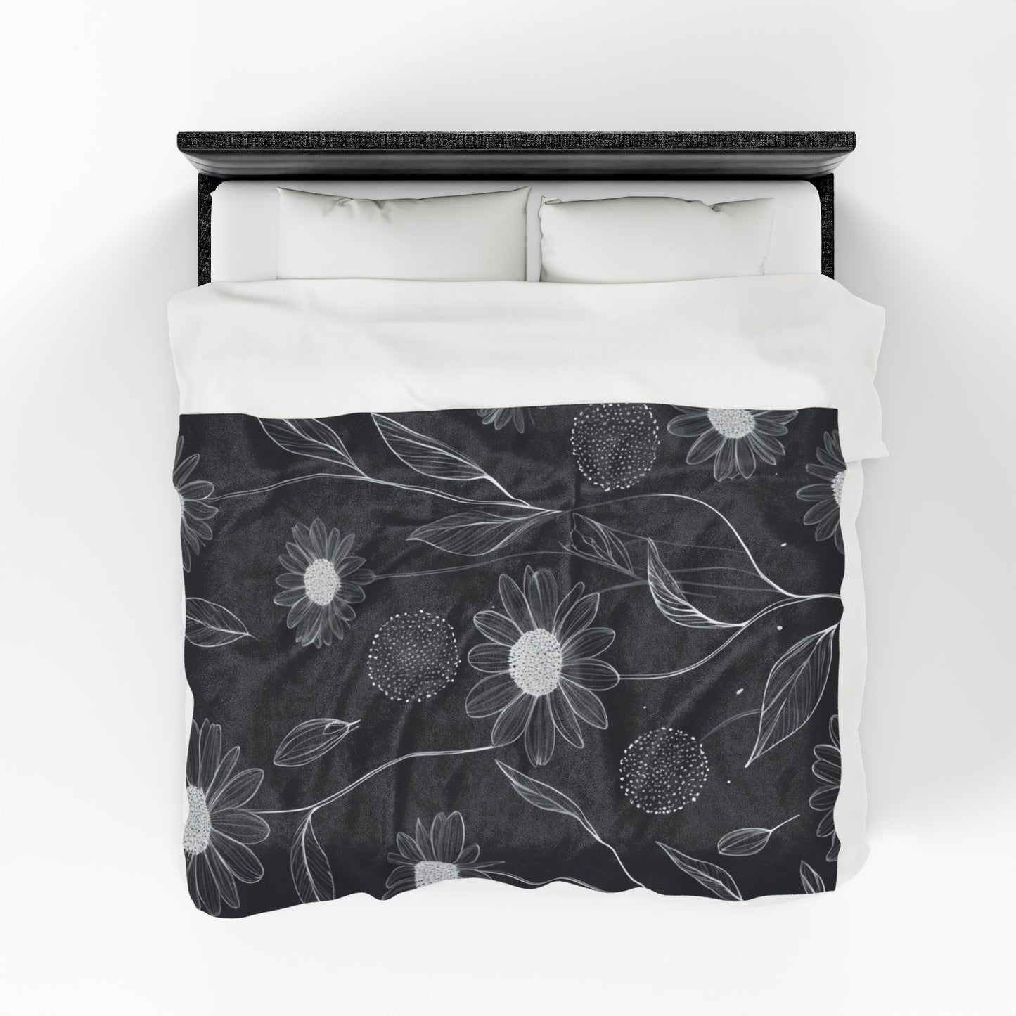 Black and White Floral Velveteen Plush Blanket