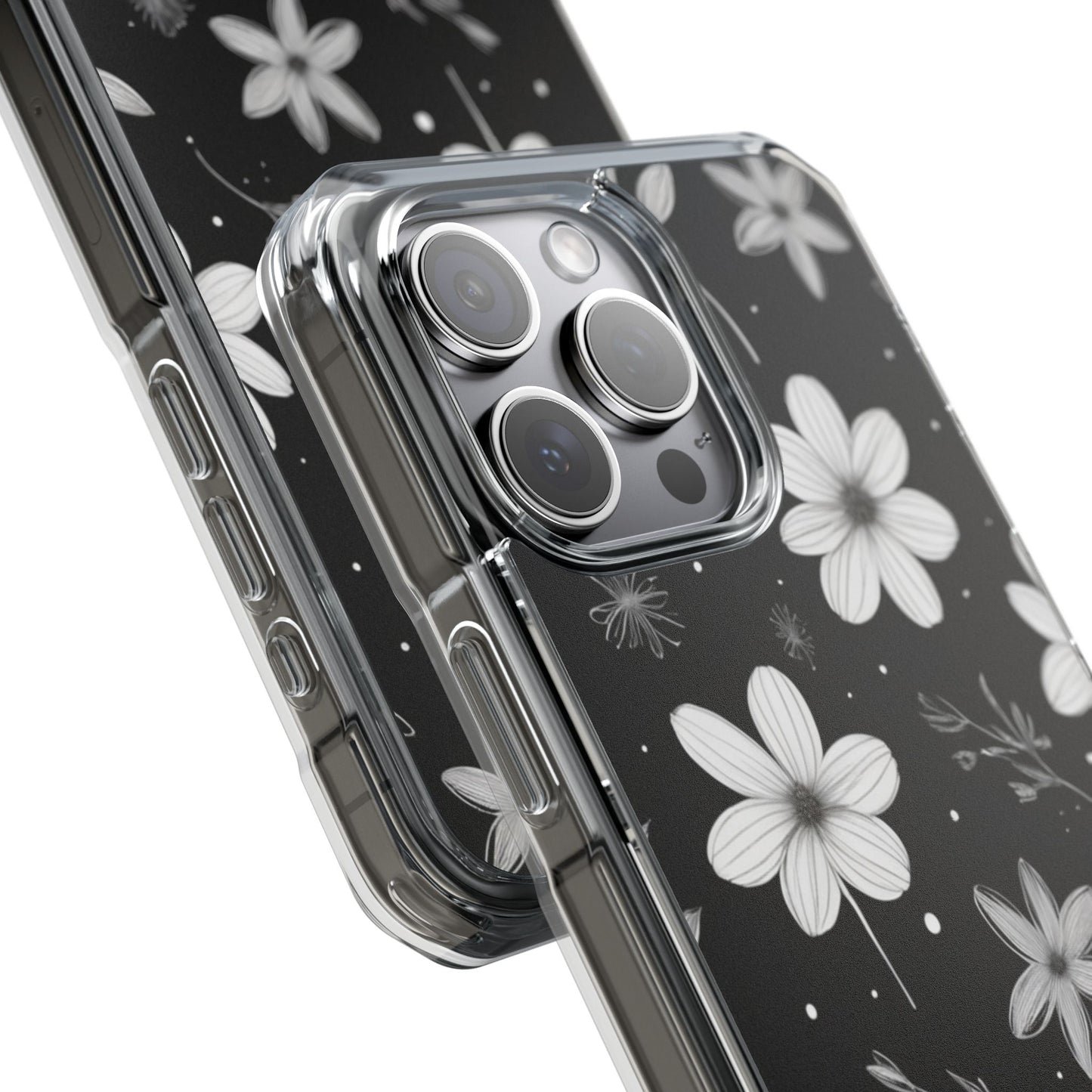 Chic Black and White Floral Print Magnetic Clear Impact Case for iPhone 16 15 14