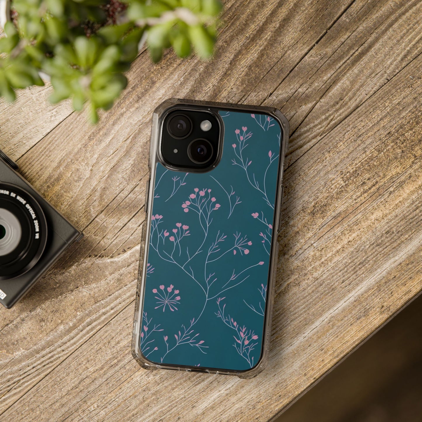 Teal Floral Magnetic Clear Impact Case for iPhone 16 15 14