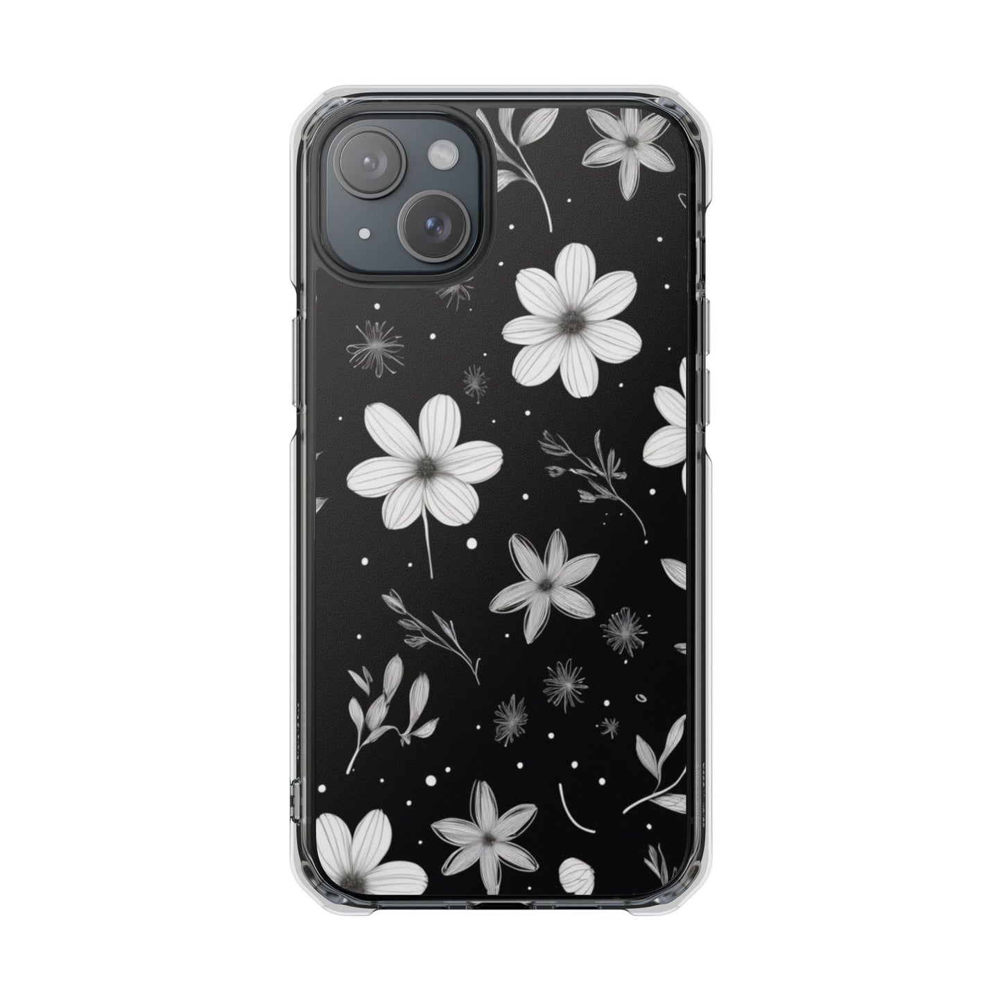 Chic Black and White Floral Print Magnetic Clear Impact Case for iPhone 16 15 14