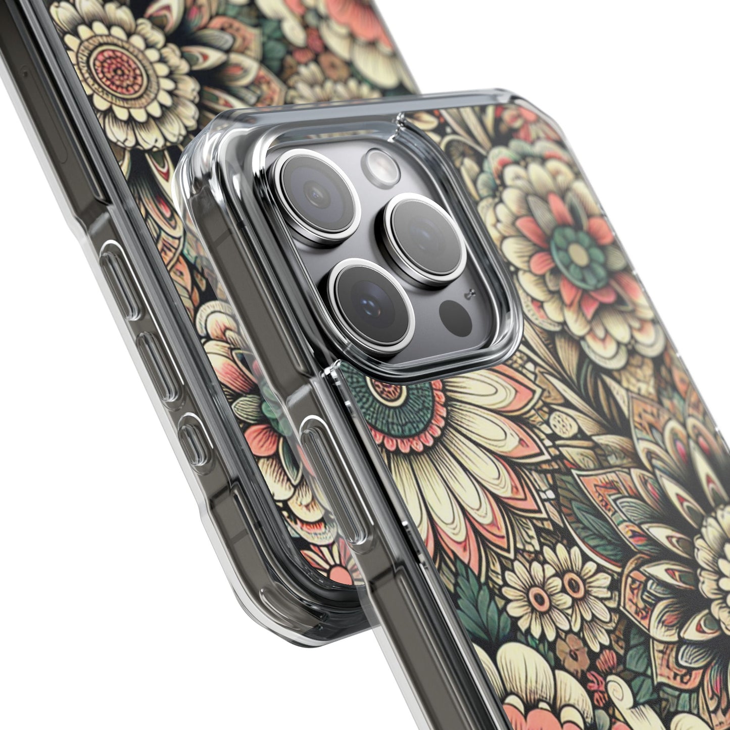Boho Floral Magnetic Clear Impact Case for iPhone 16 15 14