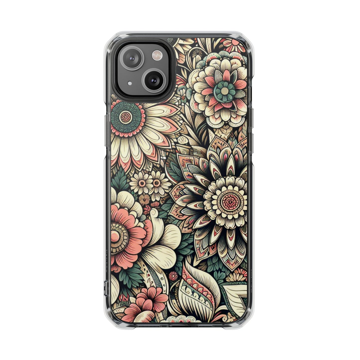 Boho Floral Magnetic Clear Impact Case for iPhone 16 15 14