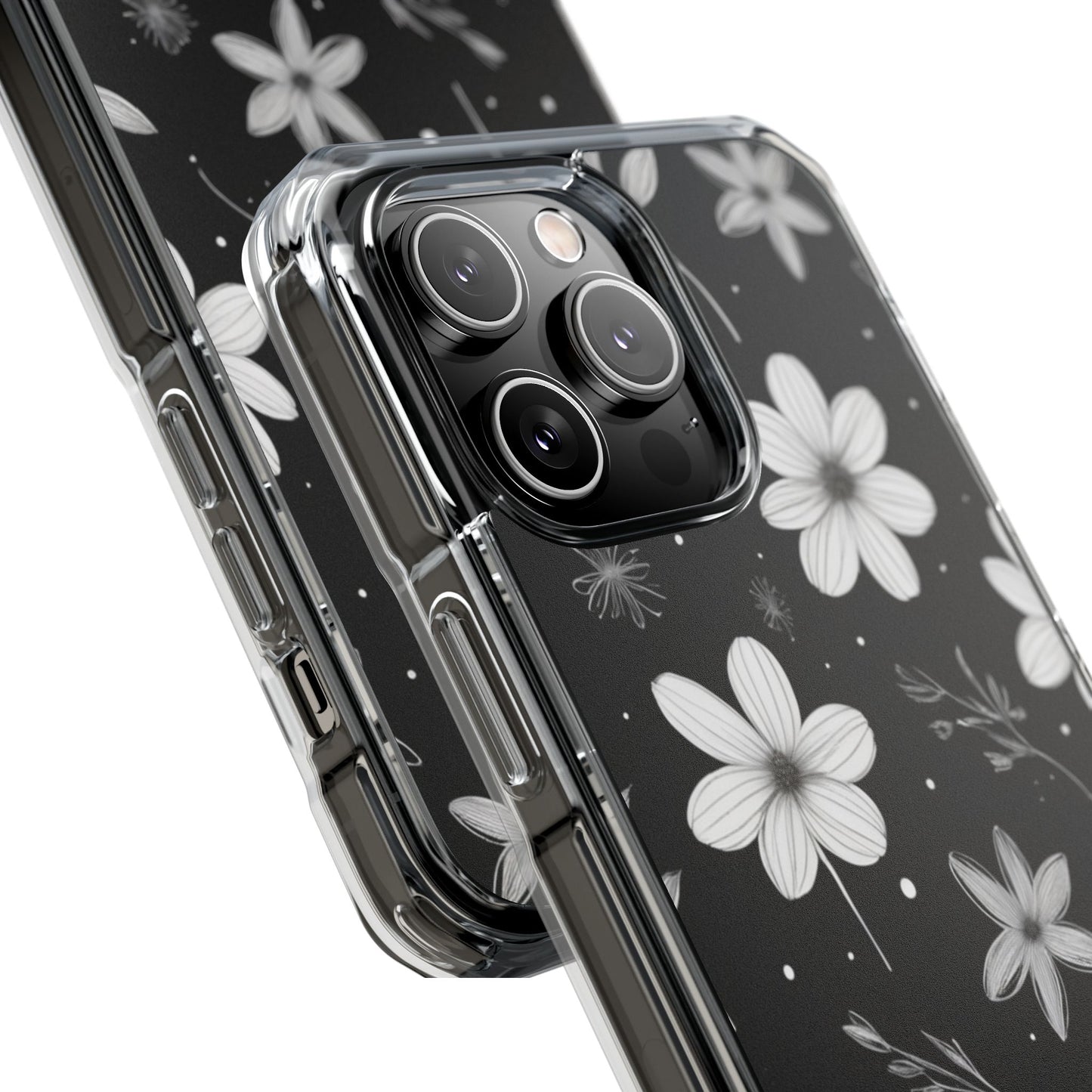 Chic Black and White Floral Print Magnetic Clear Impact Case for iPhone 16 15 14
