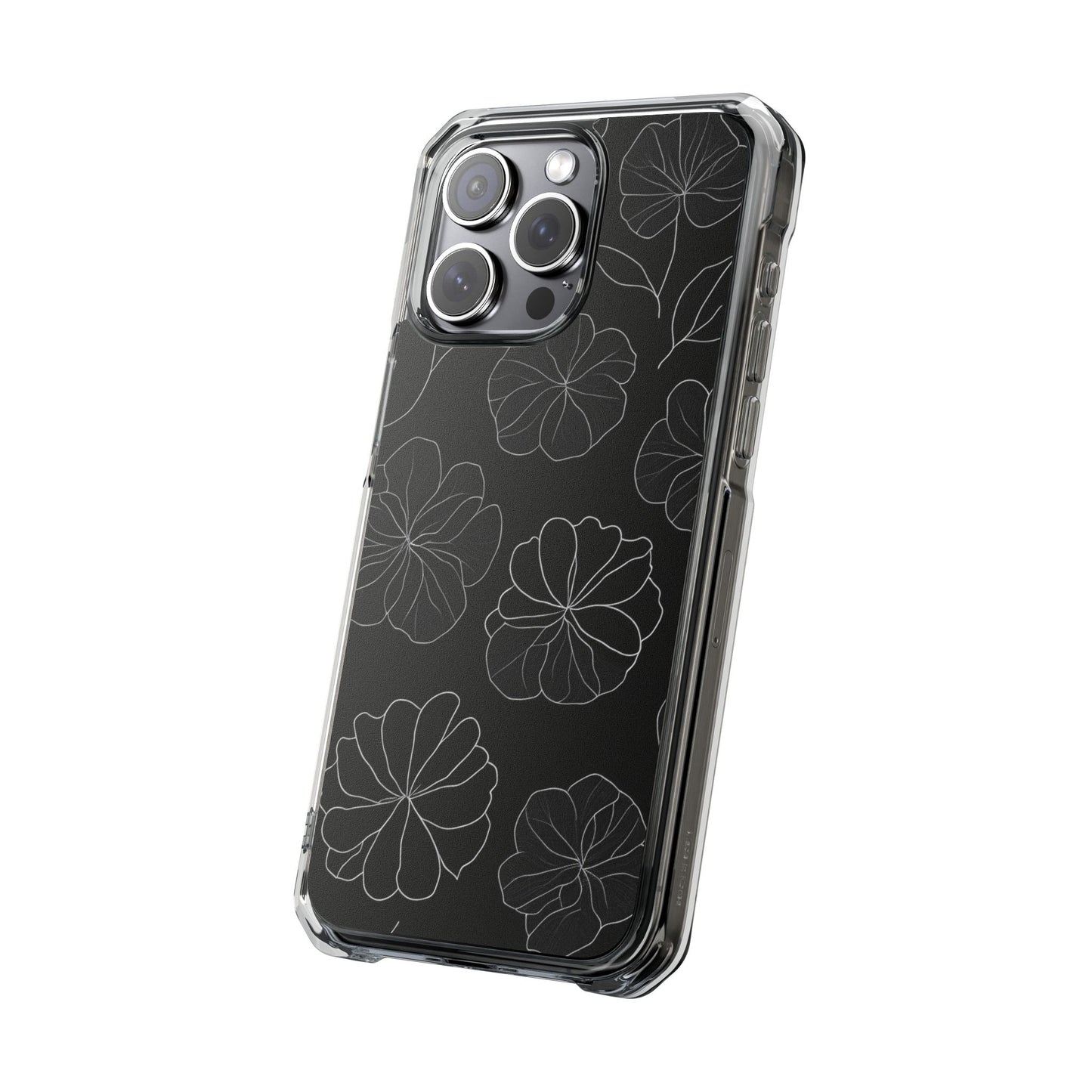 Black Floral Magnetic Clear Impact Case for iPhone 16 15 14