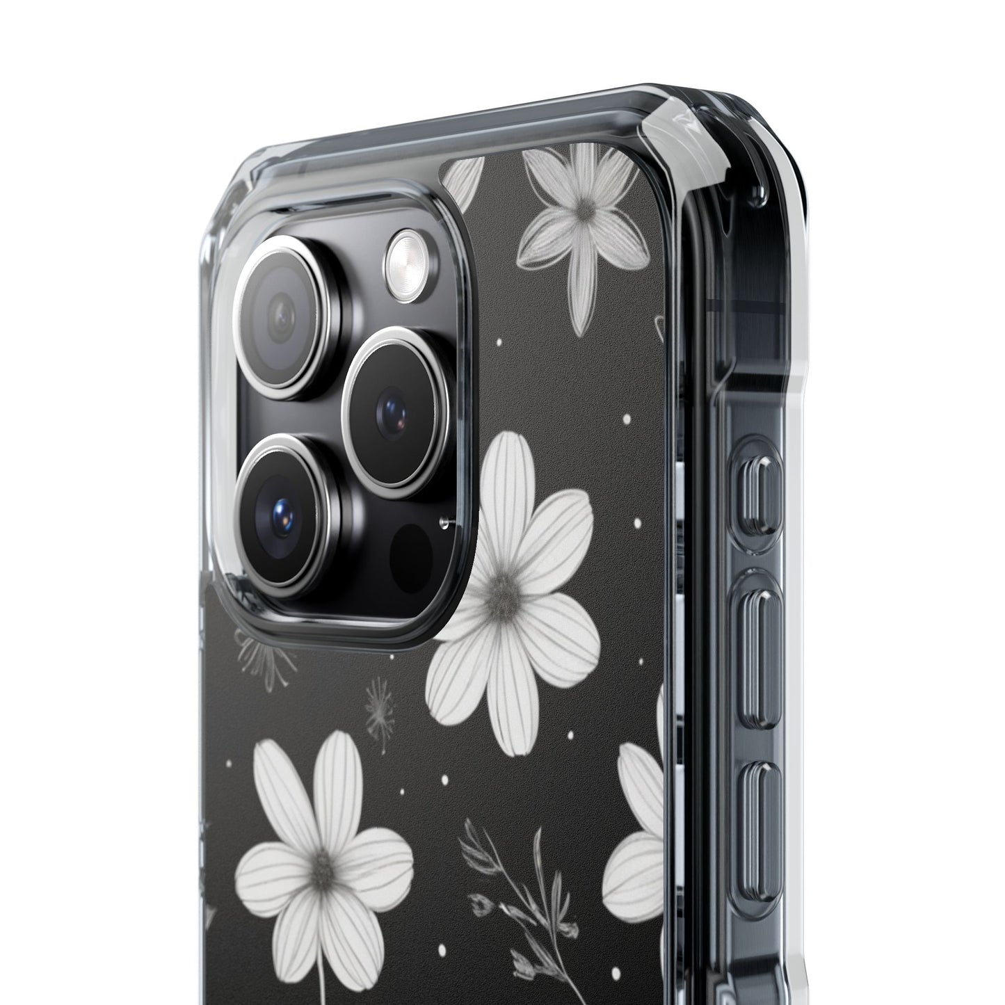 Chic Black and White Floral Print Magnetic Clear Impact Case for iPhone 16 15 14